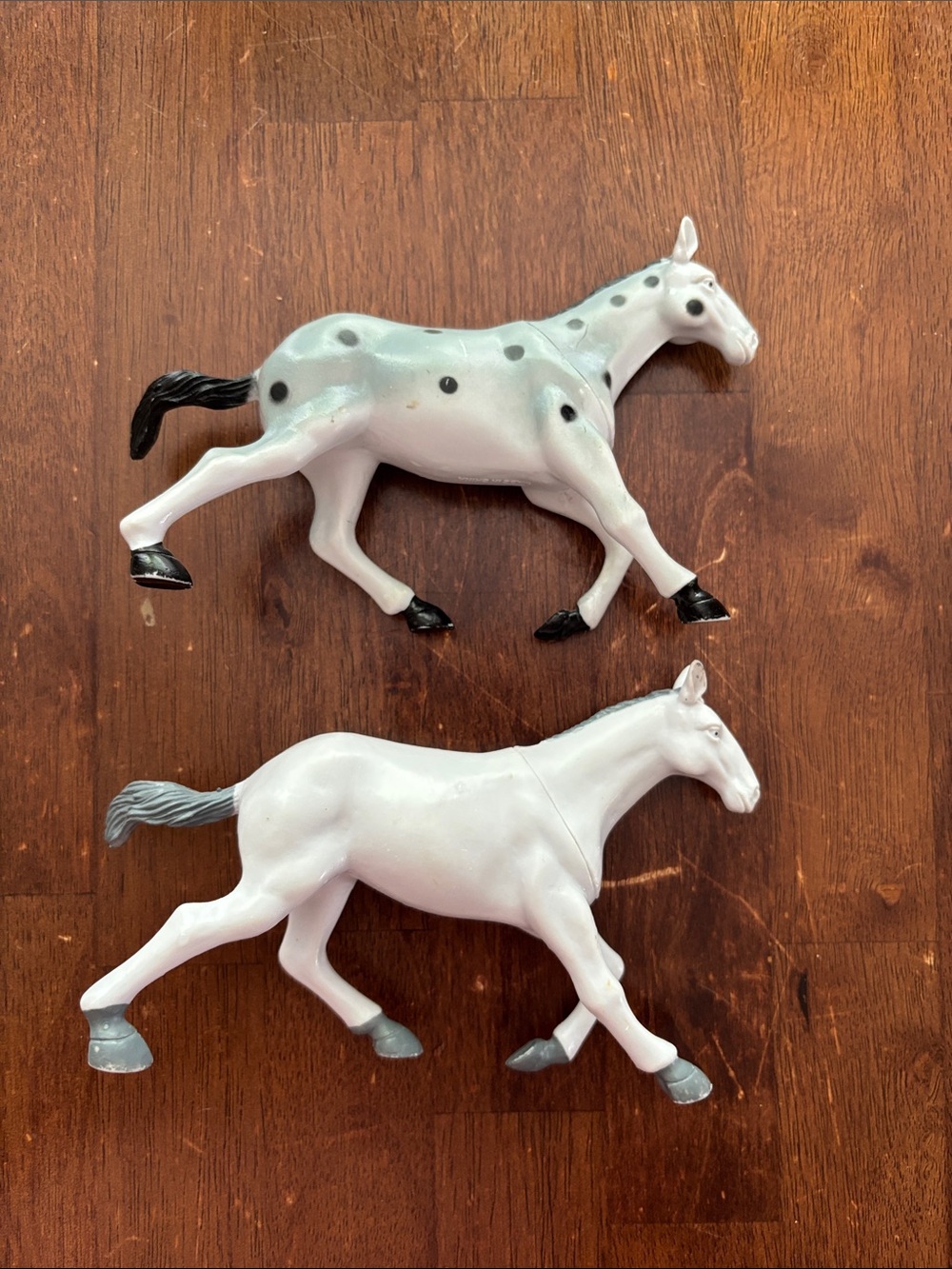 Toy horses a white and black spotted Appaloosa stallion & a white/gray trotting - Picture 2 of 5